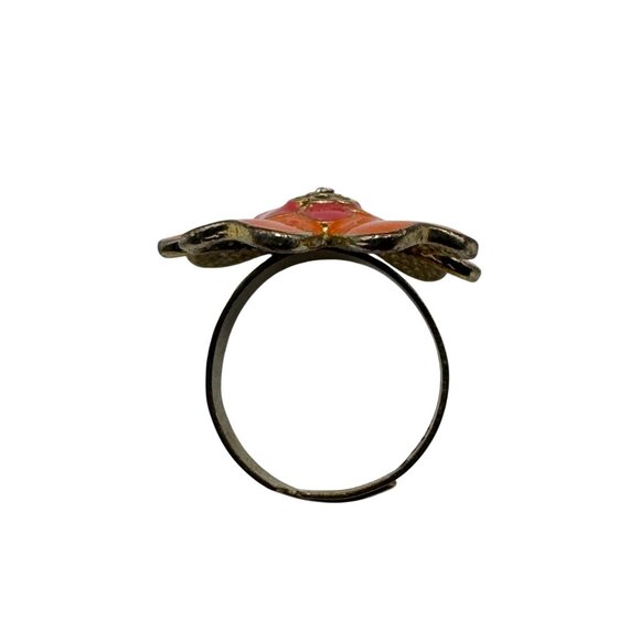 Vintage Orange & Pink Flower Adjustable Ring With Gold-Tone Metal & Rhinestone - Picture 4 of 4